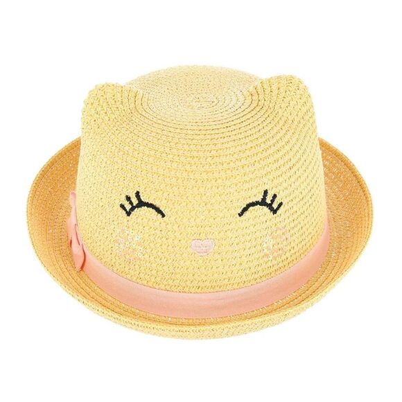 CTM Girl's Smiling Kitty Face Straw Sun Hat - Picture 1 of 4
